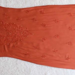 Rust Orange Rayon Mukaish Chikankari Kurta