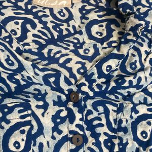 Blue & White Short Kurta With One Pocket