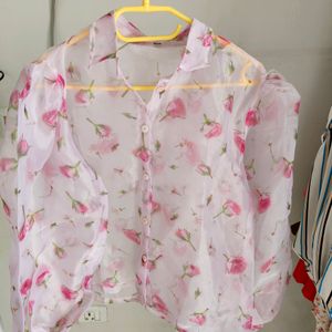 Pink Floral Balloon Sleeves Shirt