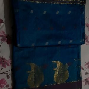 Blue Maroon Golden Jori Border Linen Saree