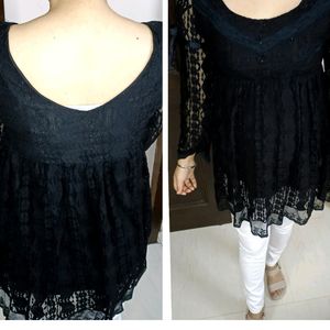 Women Black Lace Crepe Sleeves Tie Up Dress