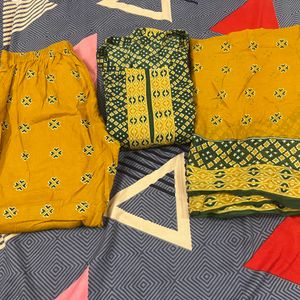 Women Stiched Suit Green And Yellow Color