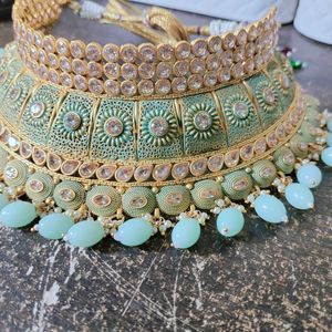 Mint Green Choker Set With Earrings And Mang Tika