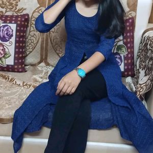 women blue chikenkari kurti with slit in front