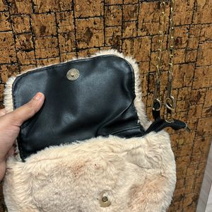 Beige Colour Furr Sling Bag For Women