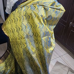 Golden Olive With Navy Blue Saree