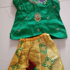 Pattu Pavadai Green And Gold Color Mixed