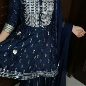 Festive Women Blue Thread Embroidery Printed Suit