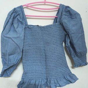 Blue Puff Sleeved Smocked Fitted Top By Roadster