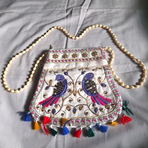 Ethnic Women White Slingbag Trendy Parrot Design👜