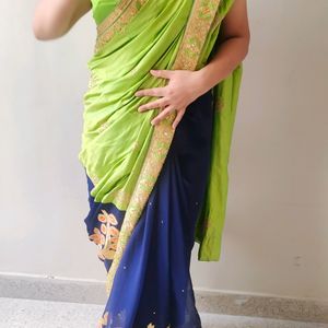 Party Wear Saree Combination Of Green & Navy Blue