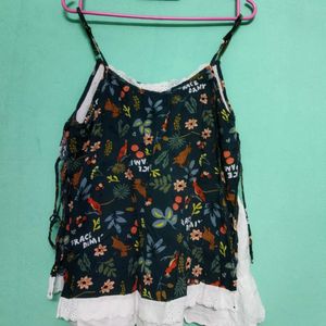 Green Floral Sleeveless Top With Lace Details