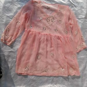 Beutiful Peach Chikankari Mirror Work Kurti/ Tunic