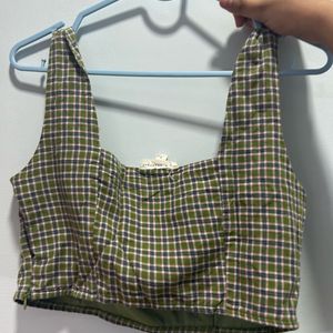 Square Neck Checked Green  Crop Top