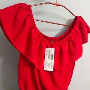 Red Solid Crop Bardot Top