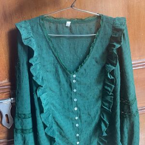 Self Design Green Ruffle Top