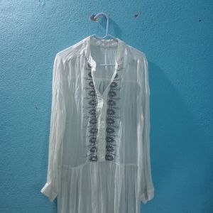 White Long Length Top With Silver Embroidery