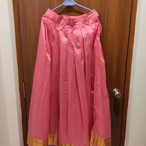 Pink Silk Paavadai With Gold Zari Border