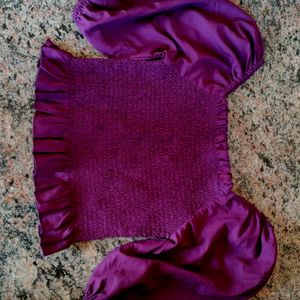 Korean Purple Crop Top With Balloon Sleeves