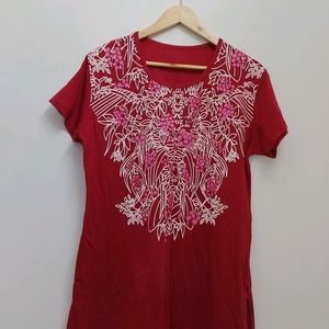 Red Long Length T-shirt For Women