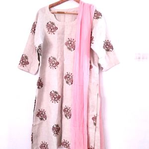 Light Cream Embroidered Kurta & Dupatta (Women's)