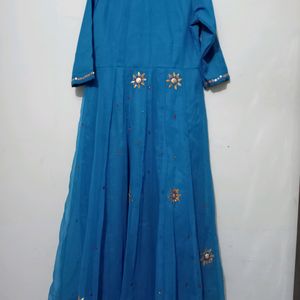 Anarkali Blue Dress With Mirror Work & Embroidery