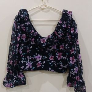 WOMENS STYLISH BLACK FLORAL RUFFLE TOP