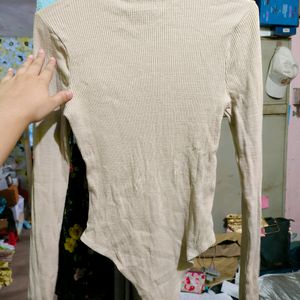 Forever 21 Full Sleeves Beige Ribbed Bodysuit