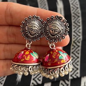 Hand Painted Red Meenakari Jhumki