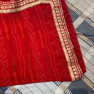 Tomato Red Bandhani Sari With gota Patti Border