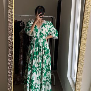 Floral Print A-line Maxi Dress (Green)