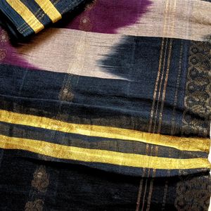 Black Magenta Golden Cotton Saree