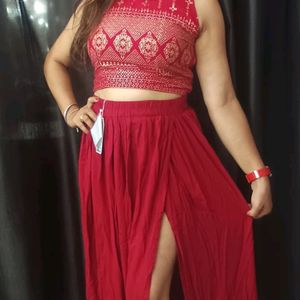 Red Sari With Crop Top