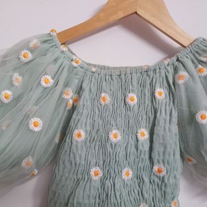 Shirred Daisy Embroidered Crop top