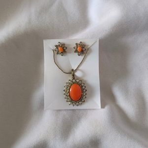 Orange Necklace Earrings Set Party Wear