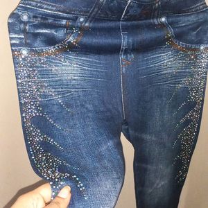 New Denim Printed Leggings With Rhinestones