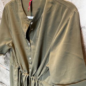 Olive Green Shirt Dress With Adjustable Waist