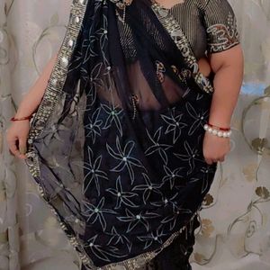 Black Partywear Saree Heavy Work, Bust 46