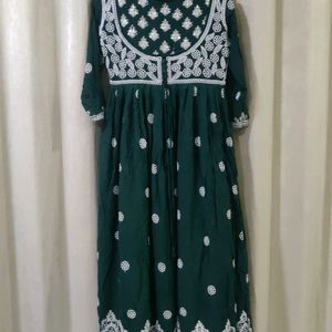 Rayon Cotton Bottle Green Lucknowi Kurti