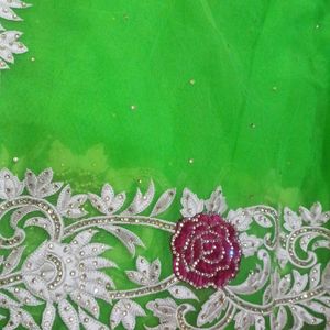 Net Saree, Neon Green Color With Heavy Embroidery.