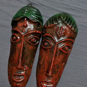 Set of 2 Terracotta Clay Tribal Face Couple Mask