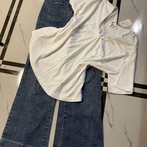 Women High waisted Jeans Wth White Top Nd Tunictop