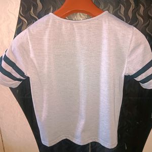 Women Grey Plain Black Stripe Cross Neck Top