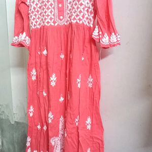 Coral Chikankari Cotton A-line Kurta