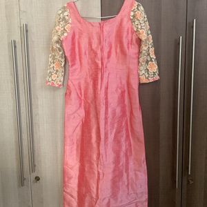 Peach Kurti With Embroidered Sleeves