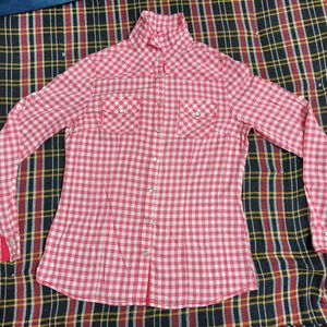 Women Pink And White Checked Shirt