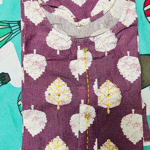 Leaves Printed Round Neck Light Purple Kurta