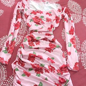 Floral Long Sleeve Runched Bodycon Dress