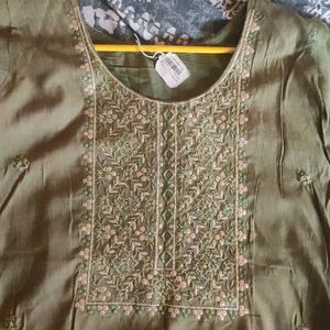 Pista Green Kurti With Golden Embroidery Work