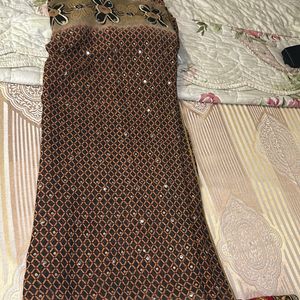 Sequence Work Brown And Black Embroidery Saree